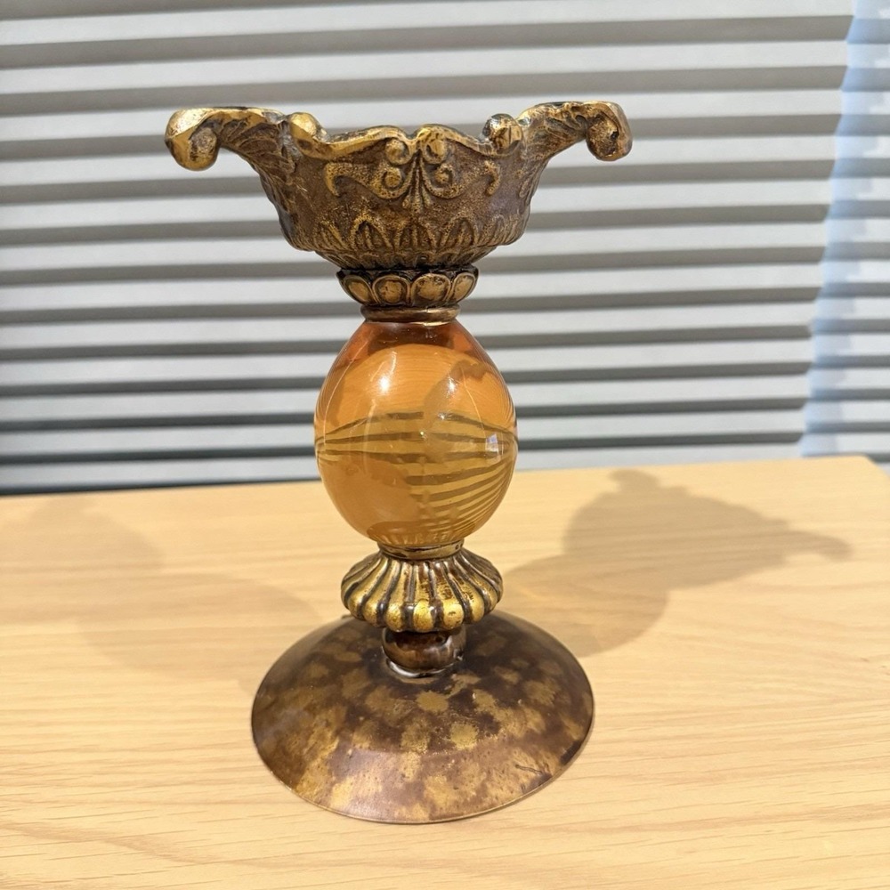 Vtg Amber Glass And Metal Candle Holder